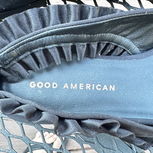 Good American Show Off Slingback Black Satin Ruffle Pointed Toe Flats - Picture 7 of 9